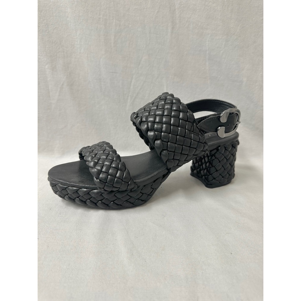 Aerosoles Camera Knitted Black Faux Leather Platform Block Heel Sandals Size 9.5